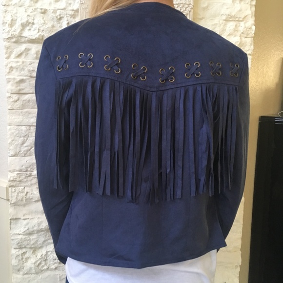Jackets & Blazers - Dark Slate Blue Faux Suede Fringe Jacket